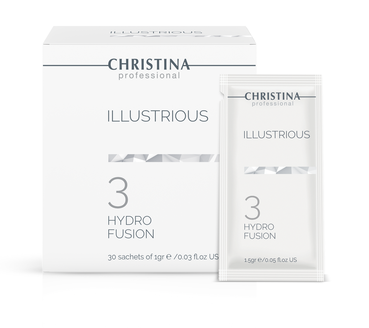 Christina Illustrious Hydro Fusion (krok 3) – opakowanie 30 saszetek i saszetka, packshot bez tła